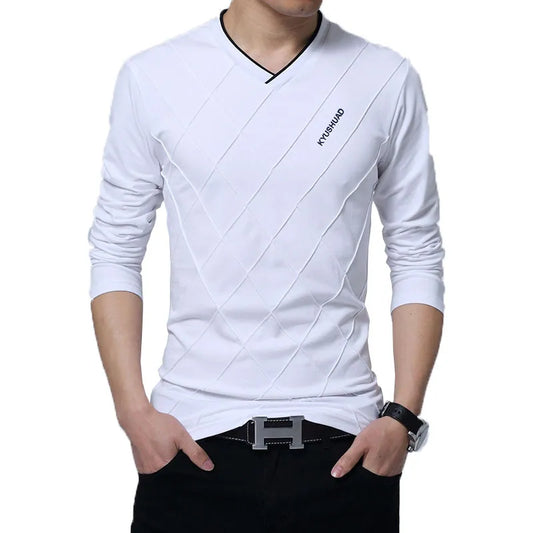 2023 Mens Casual T-shirt Fashion Slim Long Sleeve V Neck