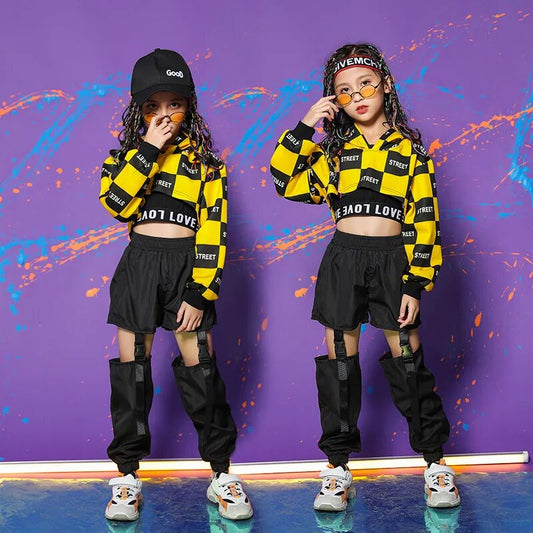 Children Girl long Sleeve Black Yellow Hip Hop Hiphop Ds Jazz Dance Costumes Ballroom Clothes Outfit Girl Clothes