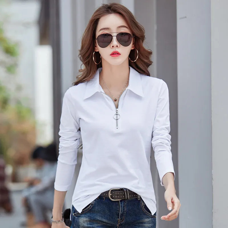 LJSXLS Long Sleeve T Shirt Women Cotton Korean Style Slim Woman Clothes Fall 2024 New Zipper Tops T-Shirt Womens Tee Shirt Femme