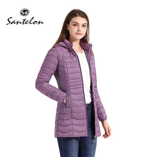 SANTELON Women Long Warm Parka For Women Ultralight Padded Puffer Jacket Coat With Detachable Hood Lightweight Outwear Clothing