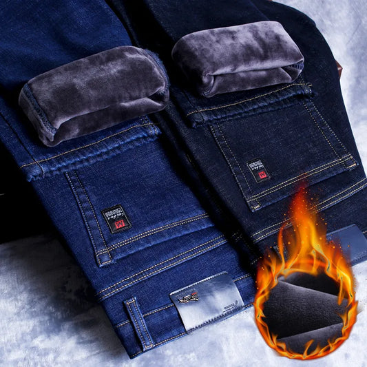 2023 Winter New Men's Warm Slim Fit Denim Trousers Fleece Stretch Brand Pants Black Blue