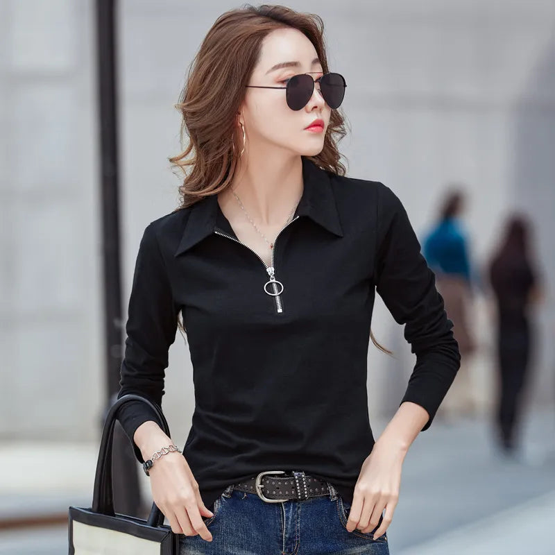 LJSXLS Long Sleeve T Shirt Women Cotton Korean Style Slim Woman Clothes Fall 2024 New Zipper Tops T-Shirt Womens Tee Shirt Femme