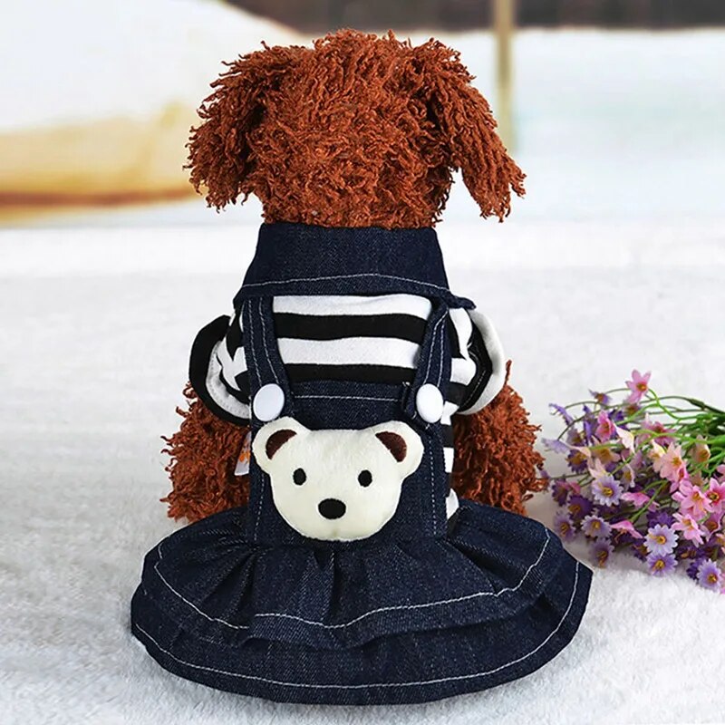 Spring Summer Pet Dog Clothes Striped Bear Cute Cat Strap Denim Skirt Yorkie Chihuahua Dresses Clothes Ropa Perro