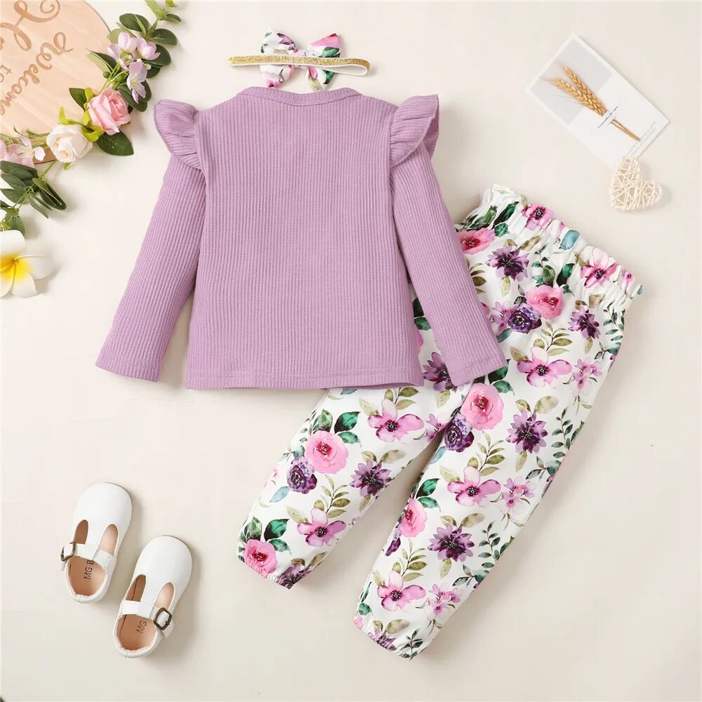 1-5Years Kids Girl Long Sleeve Clothes Set Solid Color Ribbed Shirt+Floral Pants+Headband Autumn 3PCS Outfit for Toddler Girl