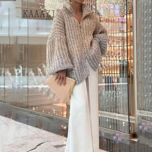 Fashion Women Sequin Sweater Coat Long Sleeve Loose Casual Autumn New Stand Collar Zipper Knitted Elegant Cardigan Outerwear