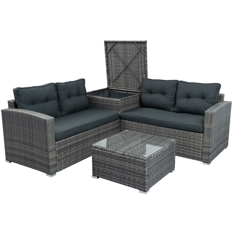 Outdoor Furniture Sofa Set with Large Storage Box and a Small Coffee Table, Suitable for Gardens and Living Rooms