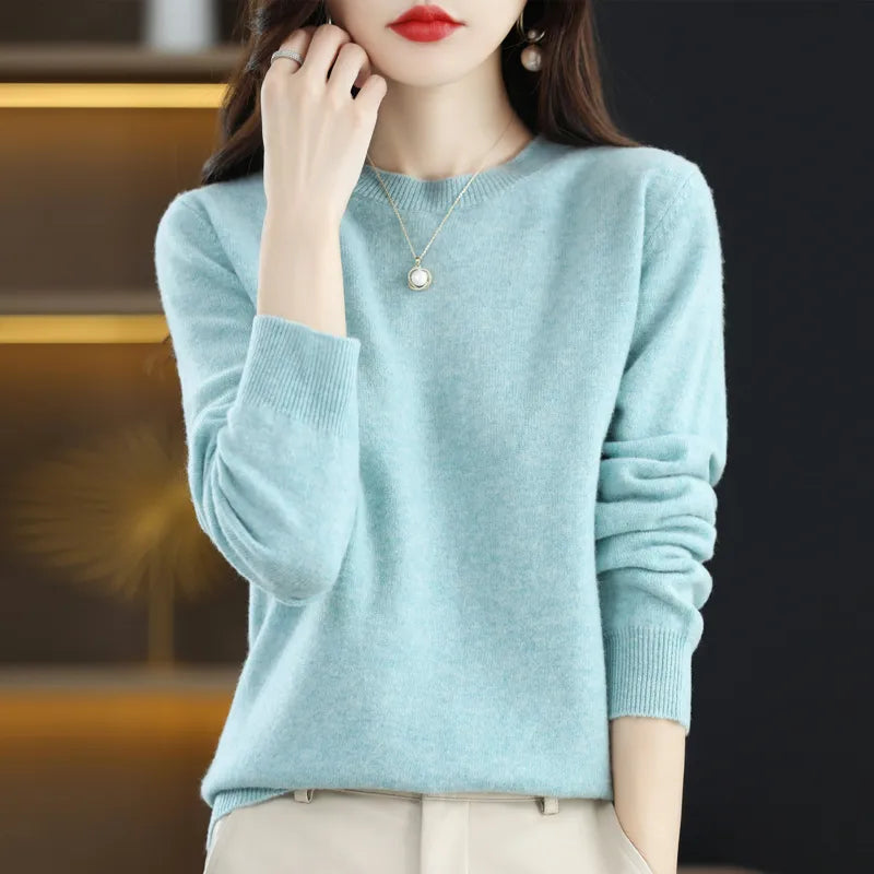 100% pure wool cashmere sweater women's O-neck pullover casual knitted coat autumn and winter women's coat basic 18 colors