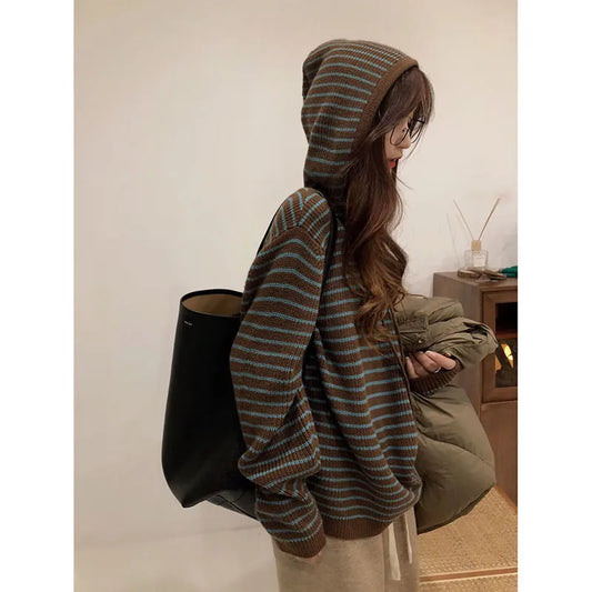Vintage Striped Brown Sweater Women Harajuku Korean Style Knit Tops Hoodies Oversize Casual Female Long Sleeves Pullover Jumper