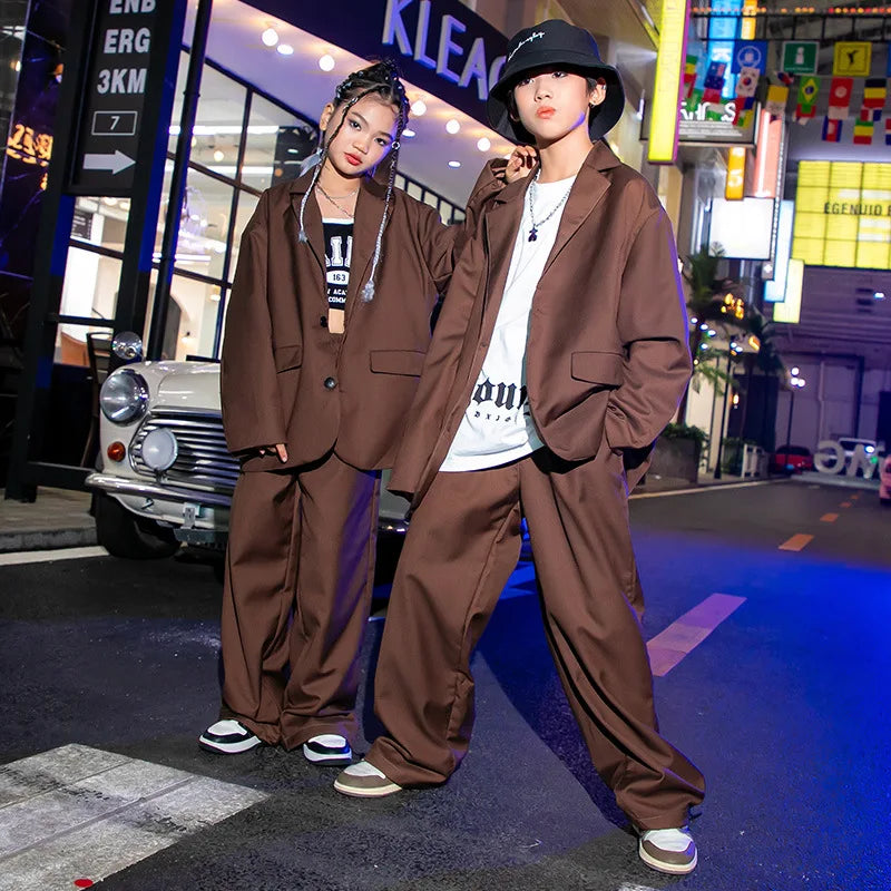 Boys Girls Suits Sets Jacket Pant Jazz Hip Hop Dance Costume Children Streetwear Loose Blazer Coat