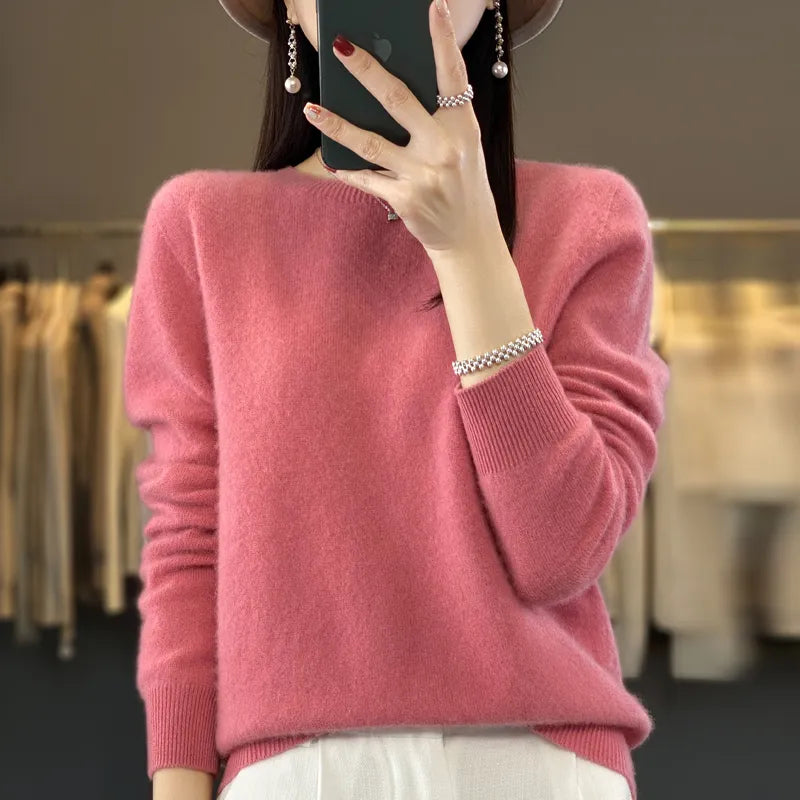 100% Pure Wool Cashmere Soft Sweater Women O-neck Pullover Autumn Winter Casual Knit Top Solid Color Regular Female Knitwear