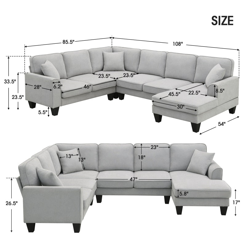 108*85.5"Modern U Shape Sectional Sofa,7 Seat Fabric Sectional Sofa Set with 3 Pillows Included for Living Room,Apartment,Office