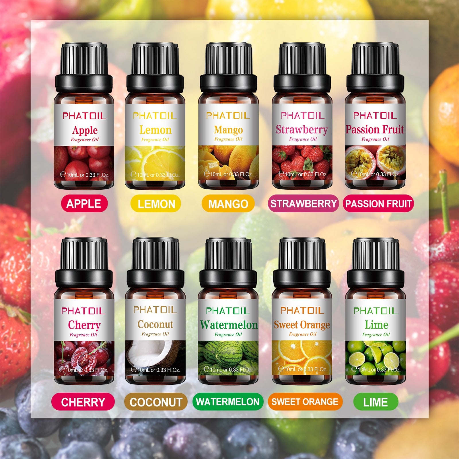 10pcs Fruit Fragrance Essential Oils Gift Set Strawberry Mango Watermelon Passion Fruit Coconut Flavoring Oil for Candle Making - youronestopstore23