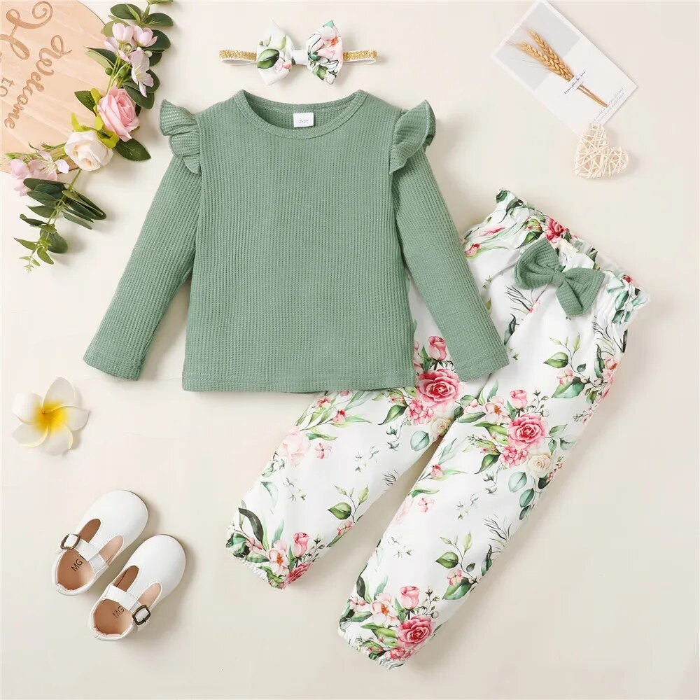 1-5Years Kids Girl Long Sleeve Clothes Set Solid Color Ribbed Shirt+Floral Pants+Headband Autumn 3PCS Outfit for Toddler Girl