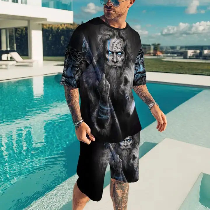 Men's Summer Clothing T-shirt Set Casual Shorts 3D Horror Skull Collar
