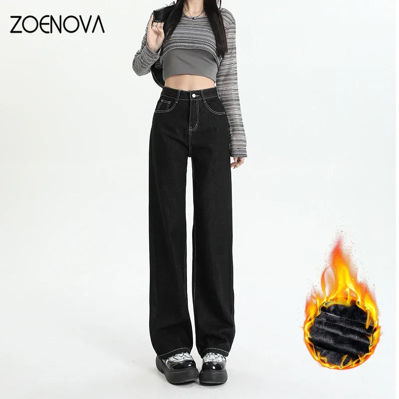 ZOENOVA Autumn Winter Streetwear Women Fleece Warm Jeans Fashion Casual Slim Versatile High Waist Wide Leg Straight Denim Pants
