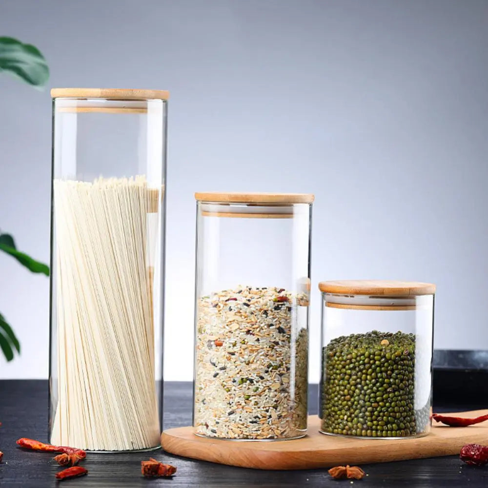 Sealing Kitchen Grain Tea Storage Tank With Bamboo Cover Glass Jars For Spices Condiments Organizer Airtight Container Candy Jar