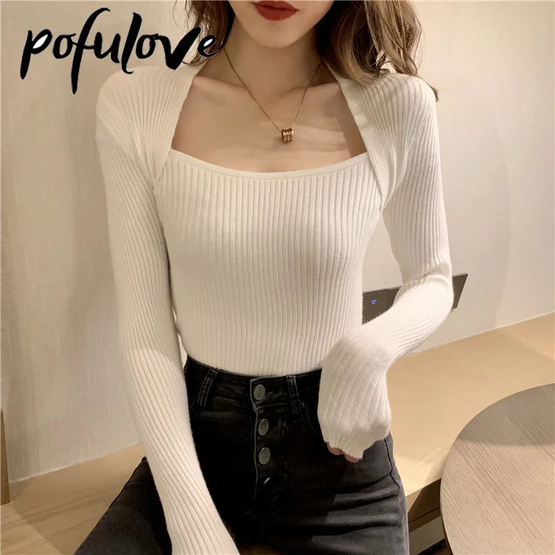 Women Sweater Pullover Long Sleeve Top Square Collar Casual Fashion Women Jumper Sexy Knitwear Sweater Tops Dropshipping