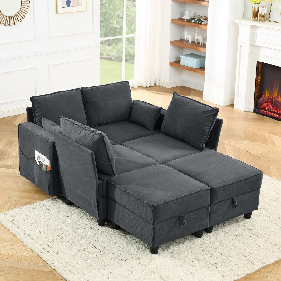 Sectional Modular Sofa Couch, 6 Storage Seat Convertible Sofa Bed Set for Living Room, Dark Gray Corduroy Velvet, Spring pack Cu