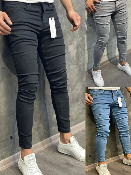 High Quality Stretch Elastic Skinny Jeans  American Classic Solid Washed Denim Pant Casual