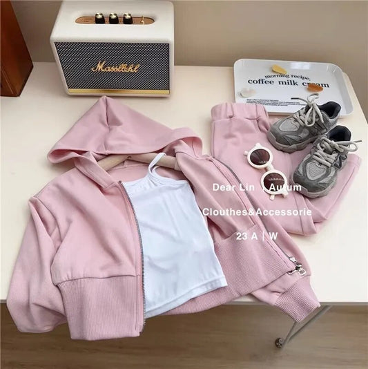 Korean Suit For Girls Pink Hoodies For Kids Clothing For Girls Coat+Suspender+Straight Leg Pants Sets For Children 3 Piece Set