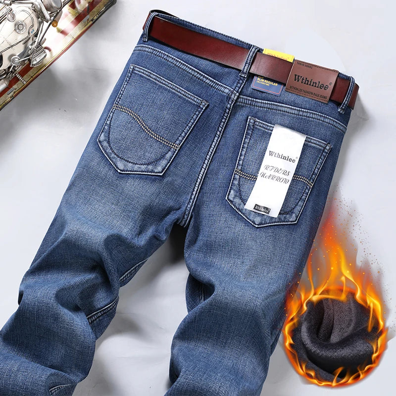 Winter Thermal Warm Flannel Jeans Men's Quality Famous Brand Fleece Trousers Denim