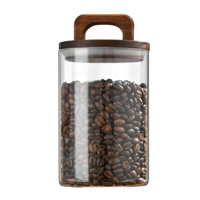 Wood Lid Glass jar Airtight Canister Food Container Tea Coffee Beans Kitchen Storage Bottles Jar Sealed Grounds Candy Jar