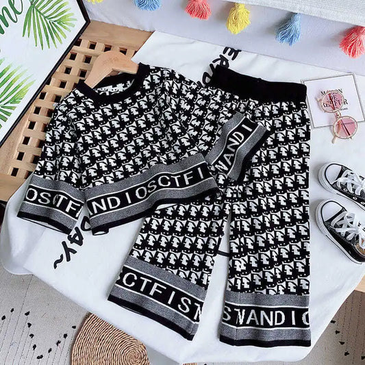 Baby Girl Fashion Knitted Clothes Set Autumn Letter Print Sweater and Trousers Suit Children Cotton Top Wide Leg Pants Outfits