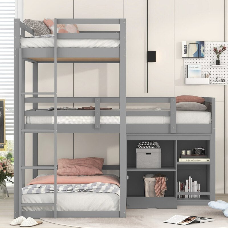 L-shaped Wood Triple Twin Size Bunk Bed,With Lockers and Blackboard,Multifunctional Design，for Bedroom