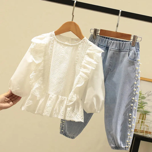 2022 Spring And Autumn Girls' Suits Children Girls Clothes Fashion Hollow Lace Top + Pearl Jeans Two-Piece Girls Clothing Set