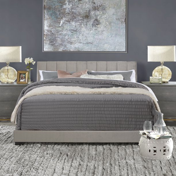 Reece Channel Stitched Upholstered Queen Bed, Platinum Grey, By Hillsdale Living Essentials  Twin Bed Frame Bedroom Furniture