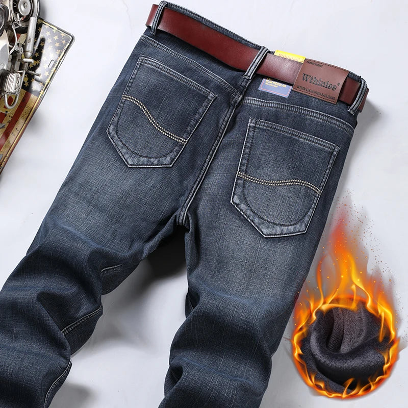 Winter Thermal Warm Flannel Jeans Men's Quality Famous Brand Fleece Trousers Denim