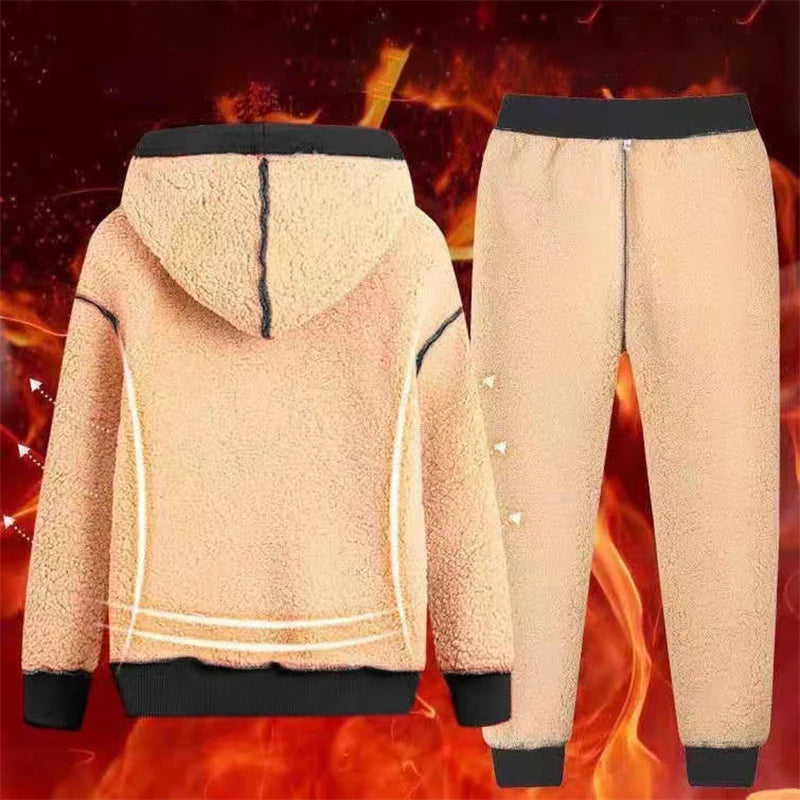 Men's Sets   Lamb Cashmere Winter Wool Hooded Sweatshirt Thick Warm Sportswear Two Piece