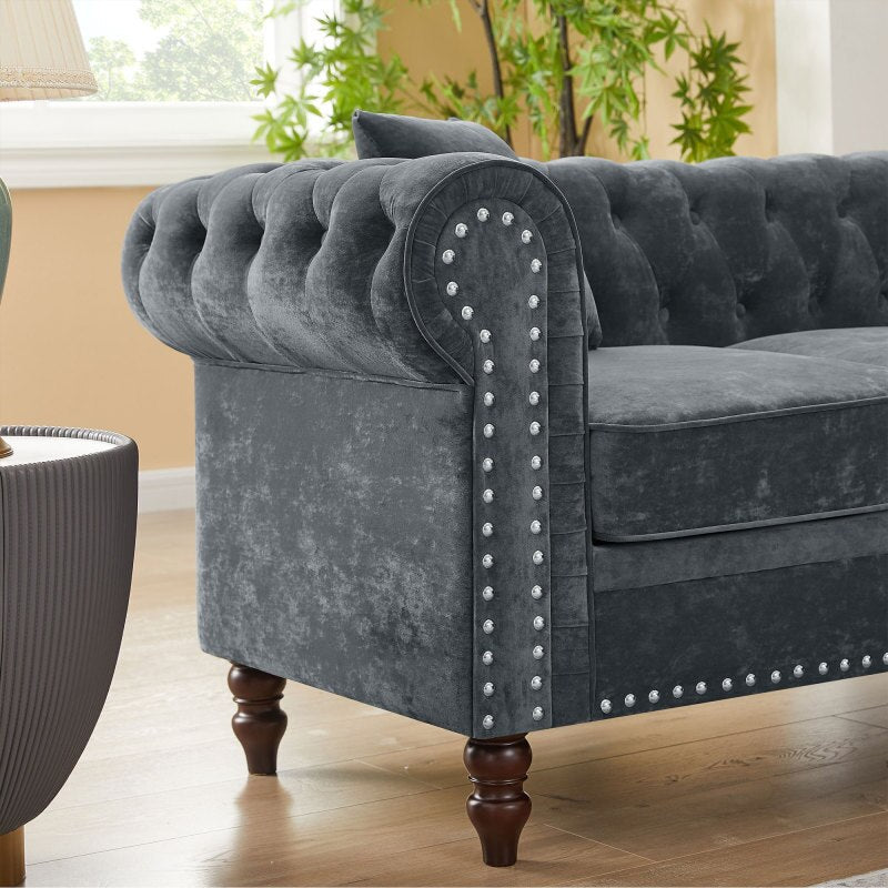 Grey Sofa Set Button Tufted Velvet Upholstered Low Back Sofa Classic Roll Arm for Living Room Apartment High-Grade
