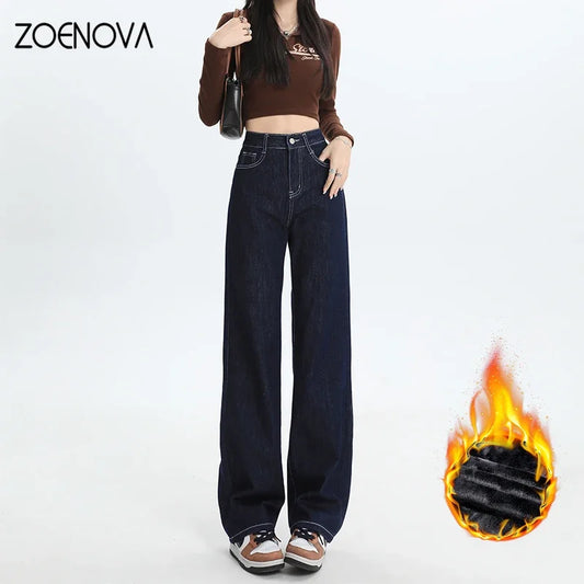 ZOENOVA Autumn Winter Streetwear Women Fleece Warm Jeans Fashion Casual Slim Versatile High Waist Wide Leg Straight Denim Pants