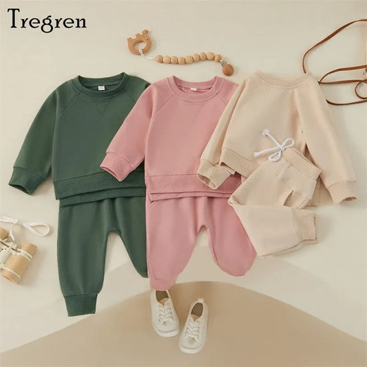 Tregren 0-3Years Toddler Baby Boys Clothes Fall Outfits Solid Color Crew Neck Long Sleeve Sweatshirts Pants 2Pcs Set Tracksuit