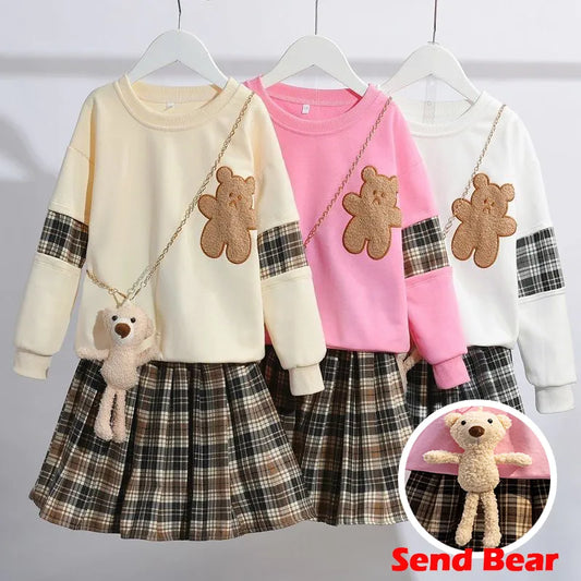3-14 Years Teenager Girls Outfits Cute Bear Sweatshirt + Plaid Skirt 2Pcs Suit For Girls Birthday Present Children Clothing Sets