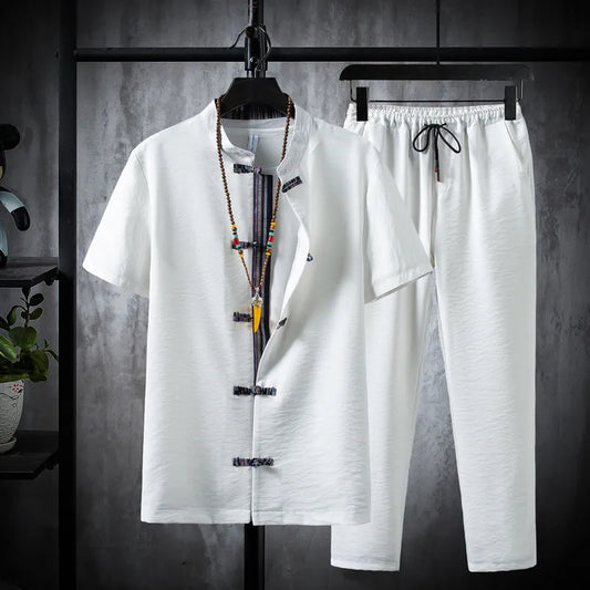 Shirts + Pants summer 100% Cotton linen shorts sleeve Men's Casual Sets Male Fashion trousers and shirts men full size M-5XL