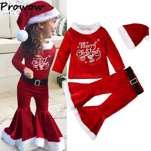 Prowow Girl Christmas Outfits For Kids Santa Claus Cosplay Red Velvet Top+Belted Pants+Hat New Year Costume Children Fleece Sets
