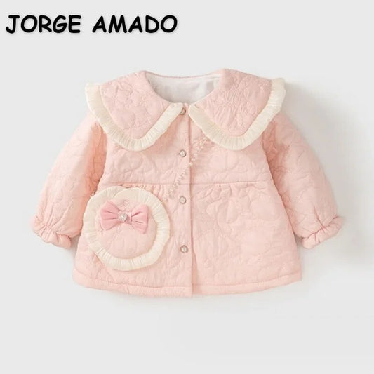 New Winter Baby Girl Warm Coat Pink Large Lapel Bow Single Breasted Thickened Outwear Children Cotton-padded Clothes E23850