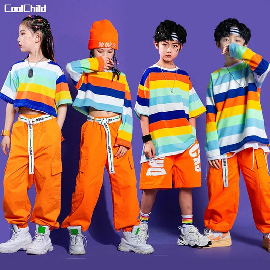 Girls Striped Crop Top Cargo Pants Boys Hip Hop Rainbow T-shirt Loose Street Dance Shorts Children Streetwear Kids Jazz Costumes