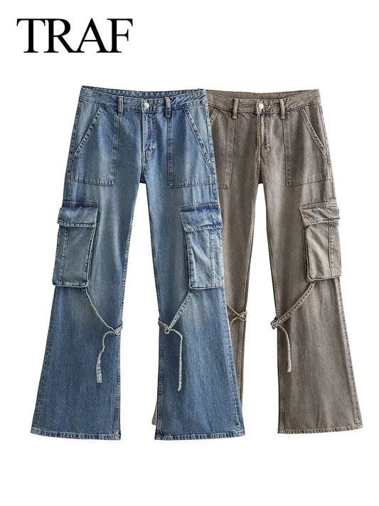 TRAF 2023 Autumn Fashion Casual Solid High Waist Trousers Female Denim Wide Leg Pants Y2K Jeans Women Long Cargo Pants