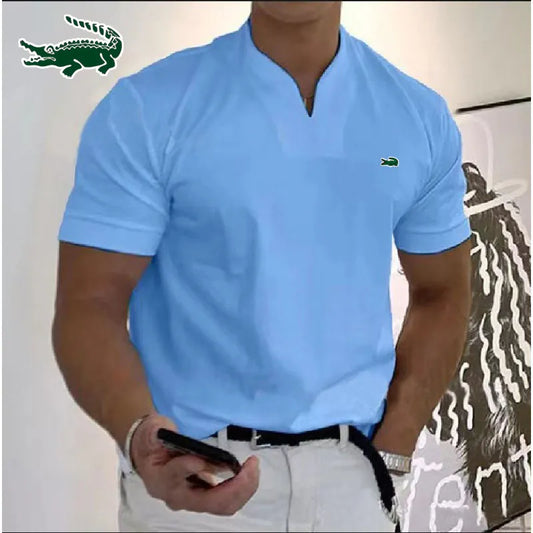 Men's V-neck Polo Shirt High Quality Cotton Embroidery Spring/Summer New Loose Short Sleeve T-shirt Casual Sports Breathable Top