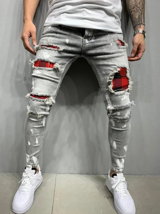 Distress Plaid Patch Holes Streetwear Ripped Skinny Jeans