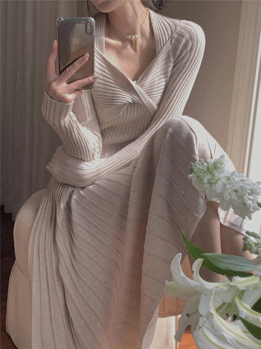 Dress Women Autumn Winter 2023 New Fashion Elegant  Slim Long Sleeve Knit Dresses