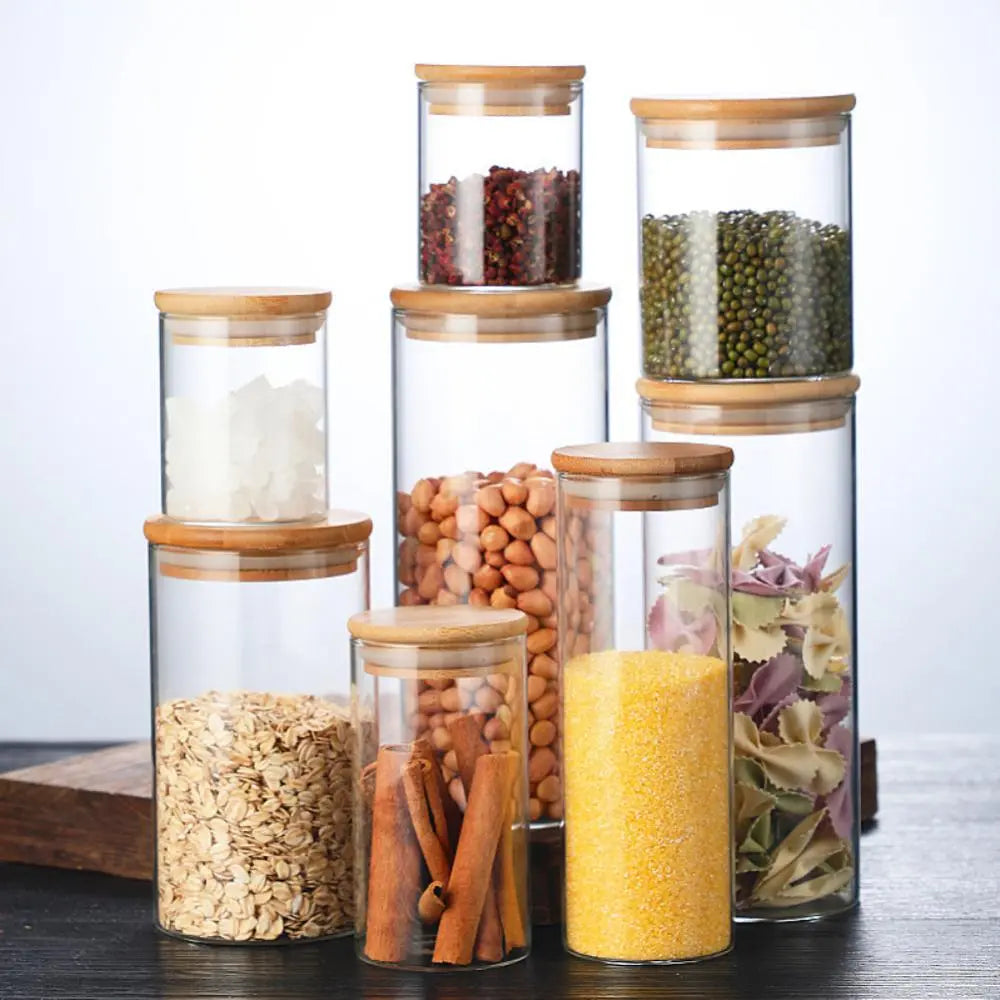 Sealing Kitchen Grain Tea Storage Tank With Bamboo Cover Glass Jars For Spices Condiments Organizer Airtight Container Candy Jar