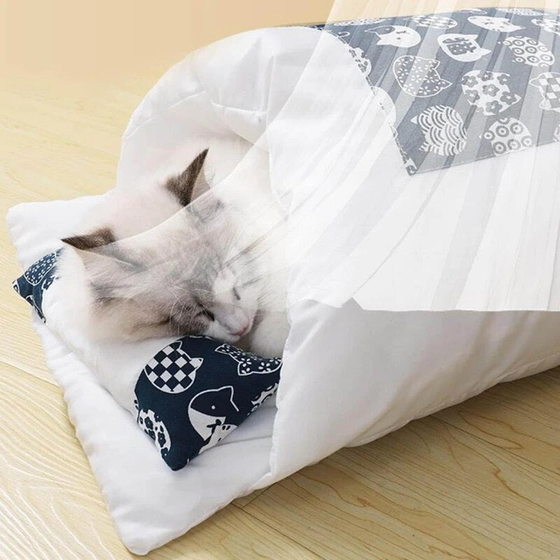 Japanese Cat Bed Winter Removable Warm Cat Sleeping Bag Deep Sleep Pet Dog Bed House Cats Nest Cushion with pillow