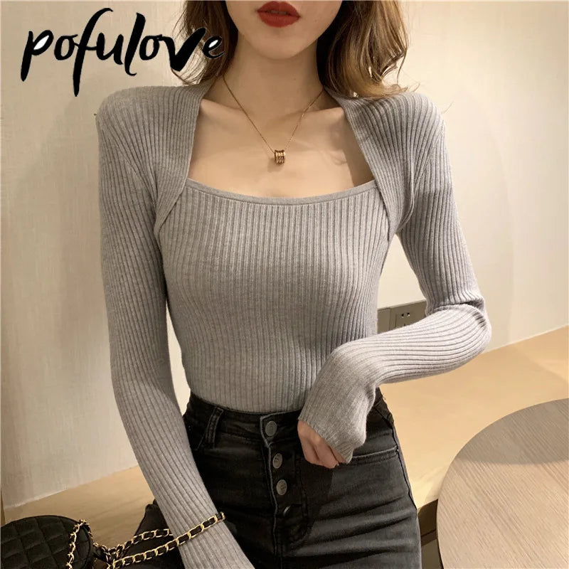 Women Sweater Pullover Long Sleeve Top Square Collar Casual Fashion Women Jumper Sexy Knitwear Sweater Tops Dropshipping
