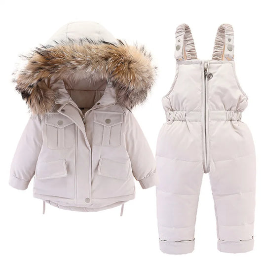 2pcs children clothing Set Baby toddler Girl clothes winter down jacket + jumpsuit Thicken Warm fur collar Infant snowsuit 0-5 Y