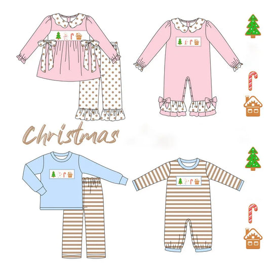 Winter Long Sleeve T-shirt Set Round Neck Christmas Tree Embroidery Boy Pink Top Clothes And Pink Polka Dot Pants Pink Girl Ropa