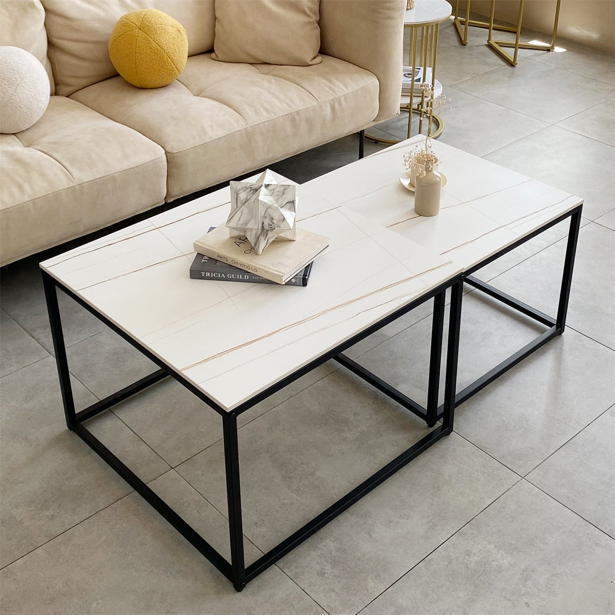 Modern Nesting Coffee Table Set of 2 for Living Room Center Office, Square Marble Cocktail Table with Stackable, White/Black